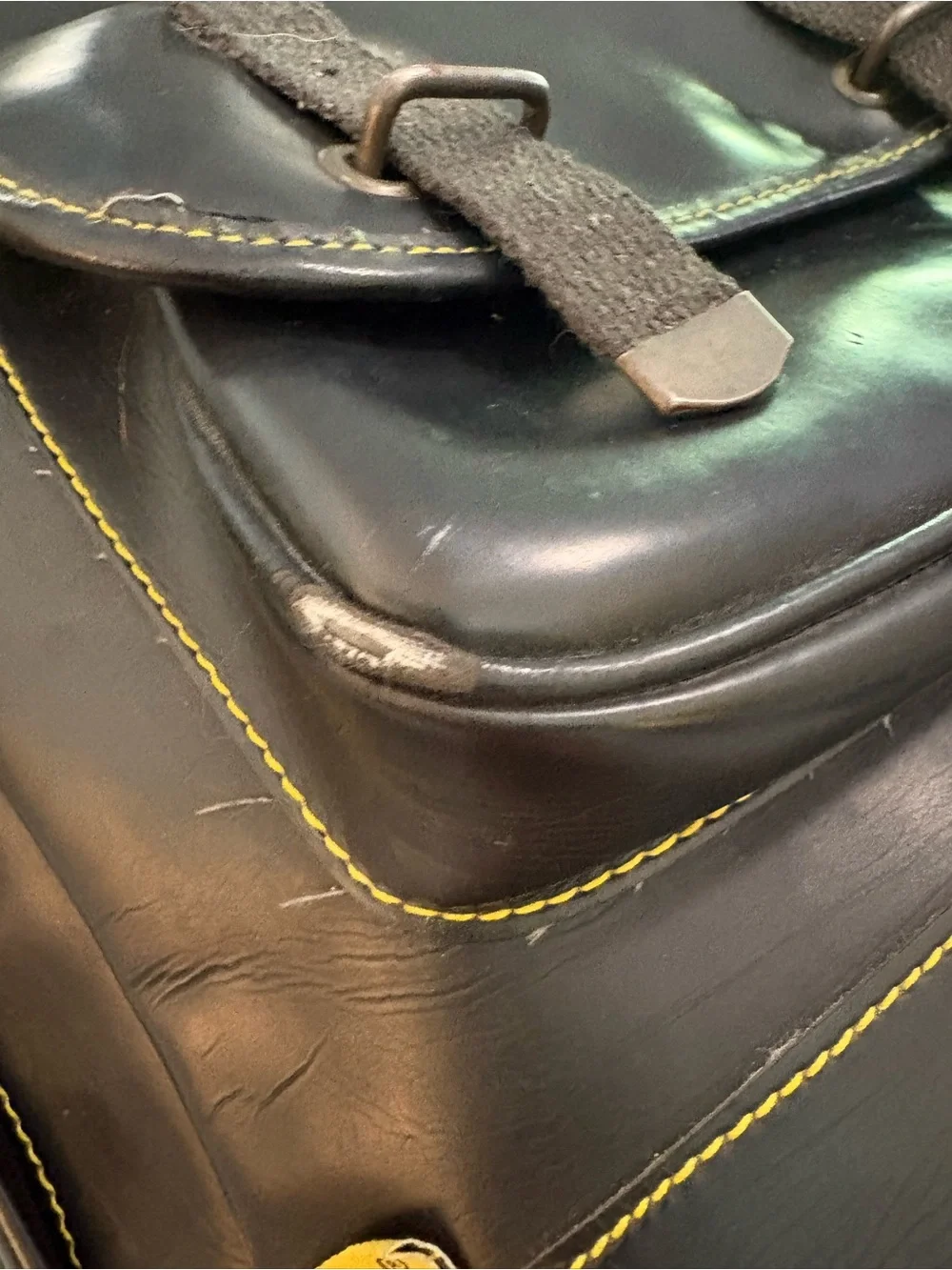 Rare Vintage Dr. Martens Black PVC Box Backpack Yellow Stitch Sole-Print Zipper